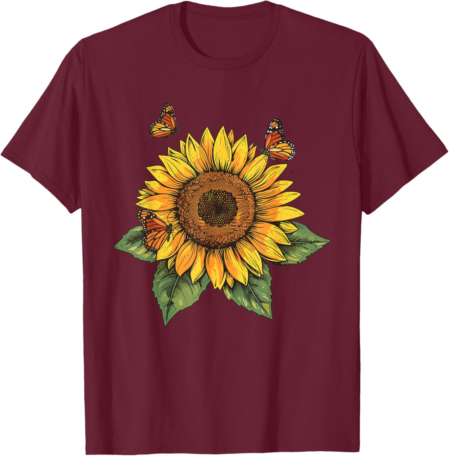 Sunflower and Butterfly T-Shirt - T-Shirt | Maroon