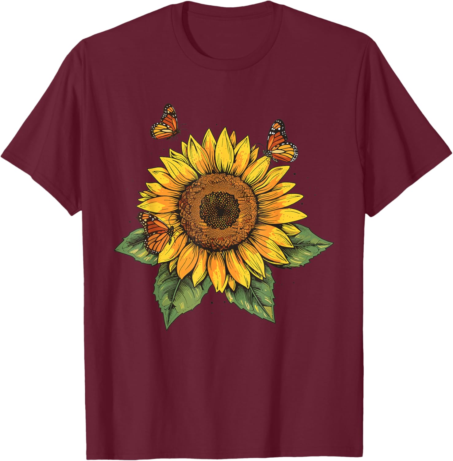 Sunflower and Butterfly T-Shirt - T-Shirt | Maroon