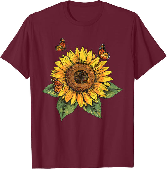 Sunflower and Butterfly T-Shirt - T-Shirt | Maroon
