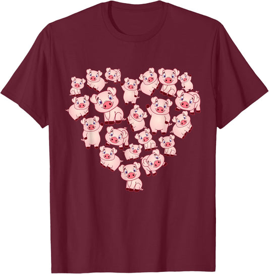 Pig Shirts Girls Kids Heart Shape Poses Cute Pig T-Shirt - T-Shirt | Maroon