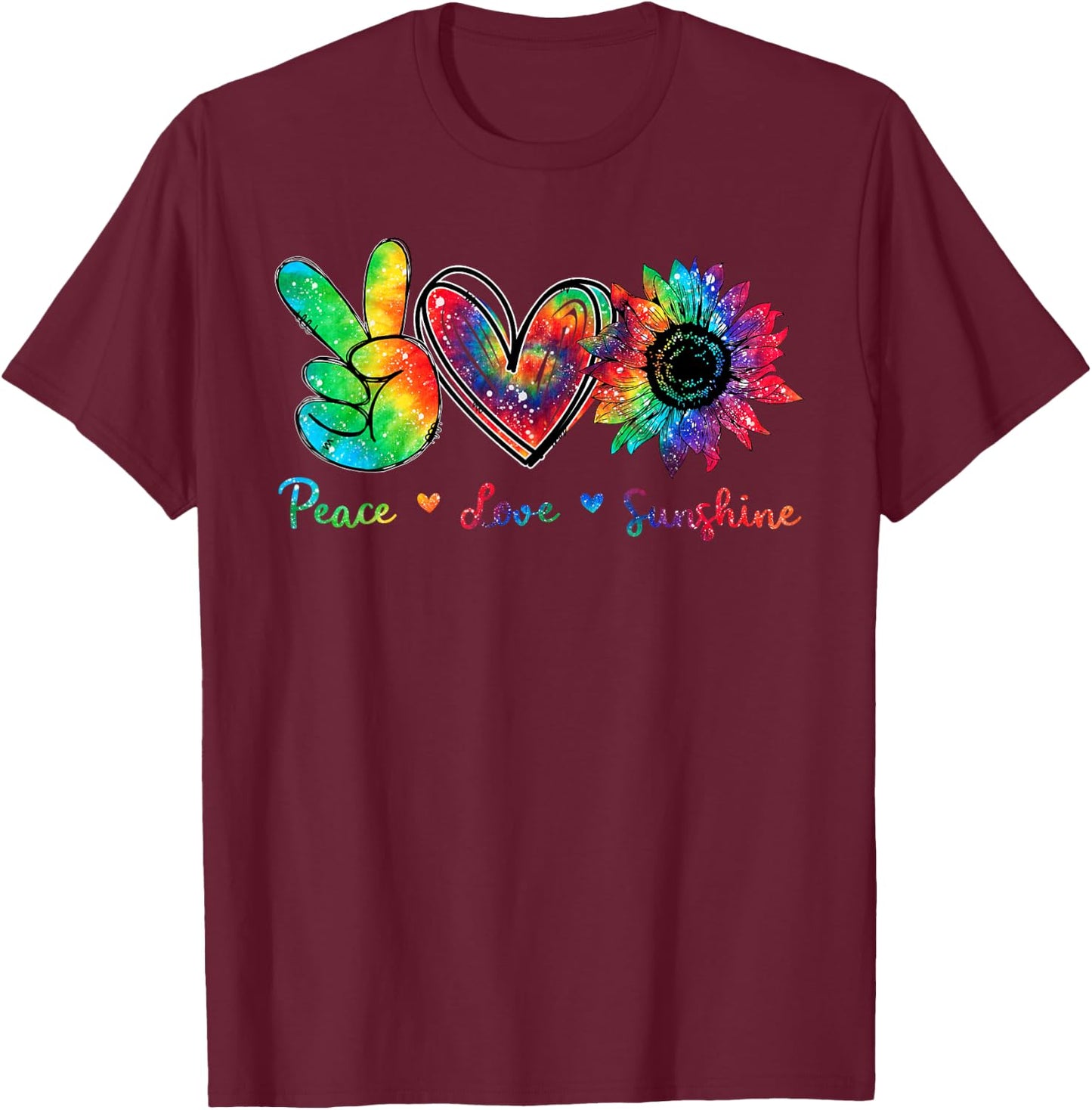 Peace Love Sunshine Sunflower Hippie Tie Dye Men Women T-Shirt - T-Shirt | Maroon