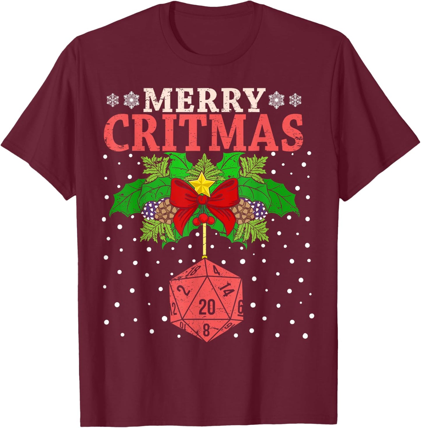 Merry Critmas 20 Sided Dice RPG Christmas Holiday Board Game T-Shirt - T-Shirt | Maroon