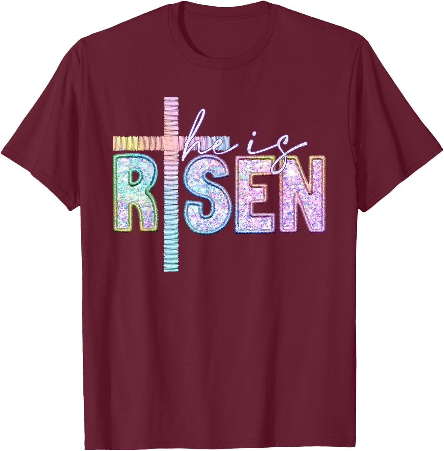 He Is Risen Christian Cross Jesus Happy Easter Day Men Women T-Shirt - T-Shirt | Maroon