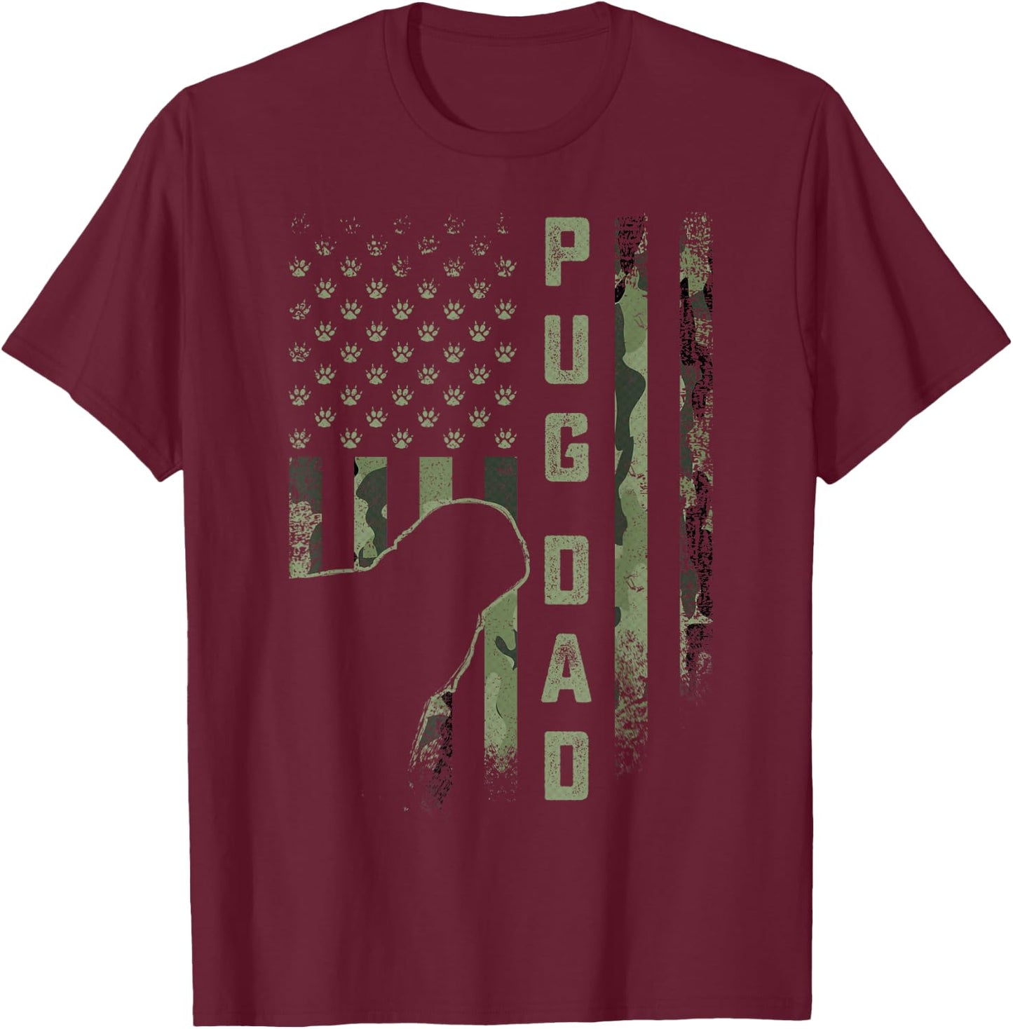 Vintage USA American Camo Flag Proud Pug Dog Dad Silhouette Men Women T-Shirt - T-Shirt | Maroon