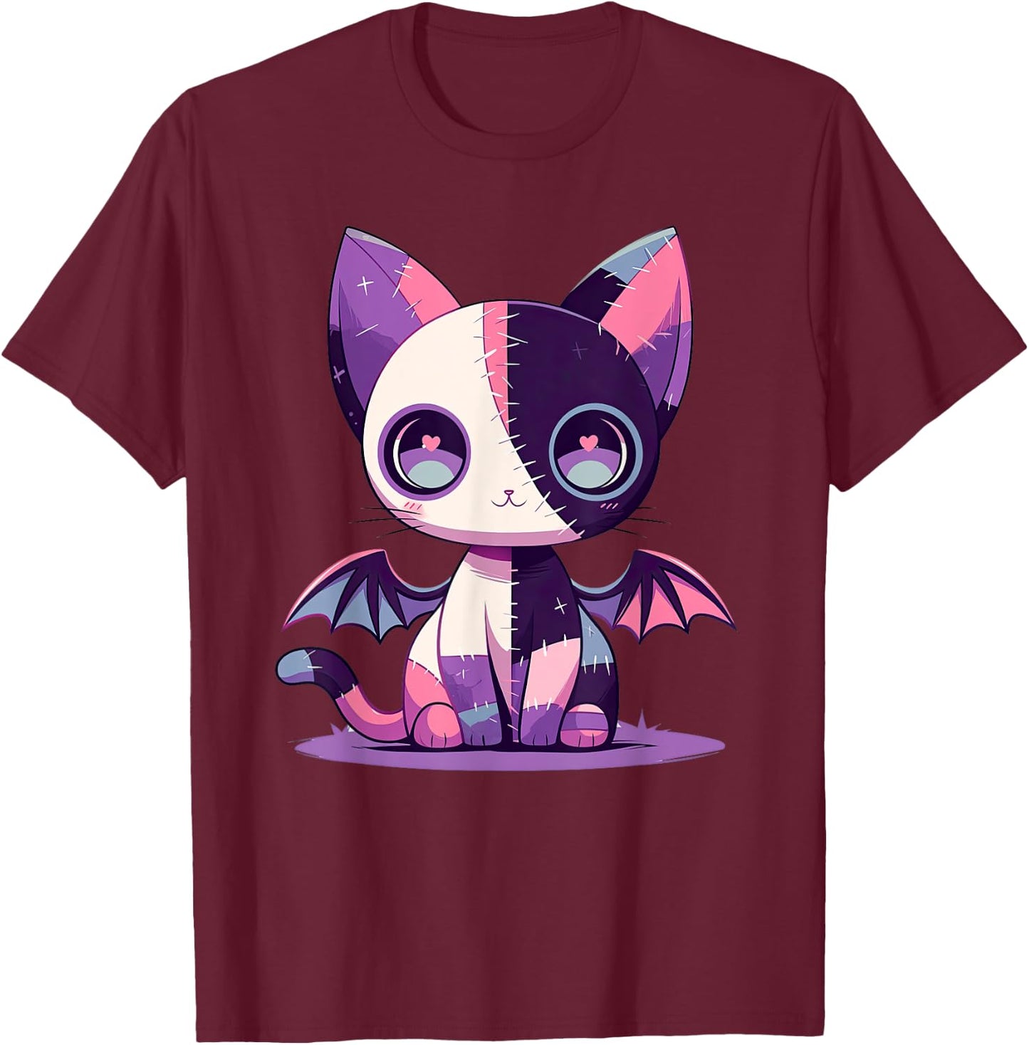 Kawaii Pastel Goth Creepy Cute Witchy Zombie Patchwork Cat T-Shirt - T-Shirt | Maroon
