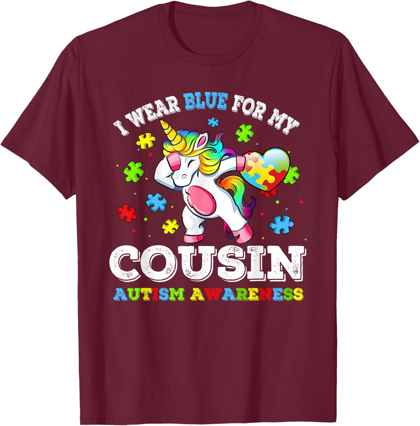 I Wear Blue For My Cousin Autism Dab Unicorn Puzzle Piece T-Shirt - T-Shirt | Maroon