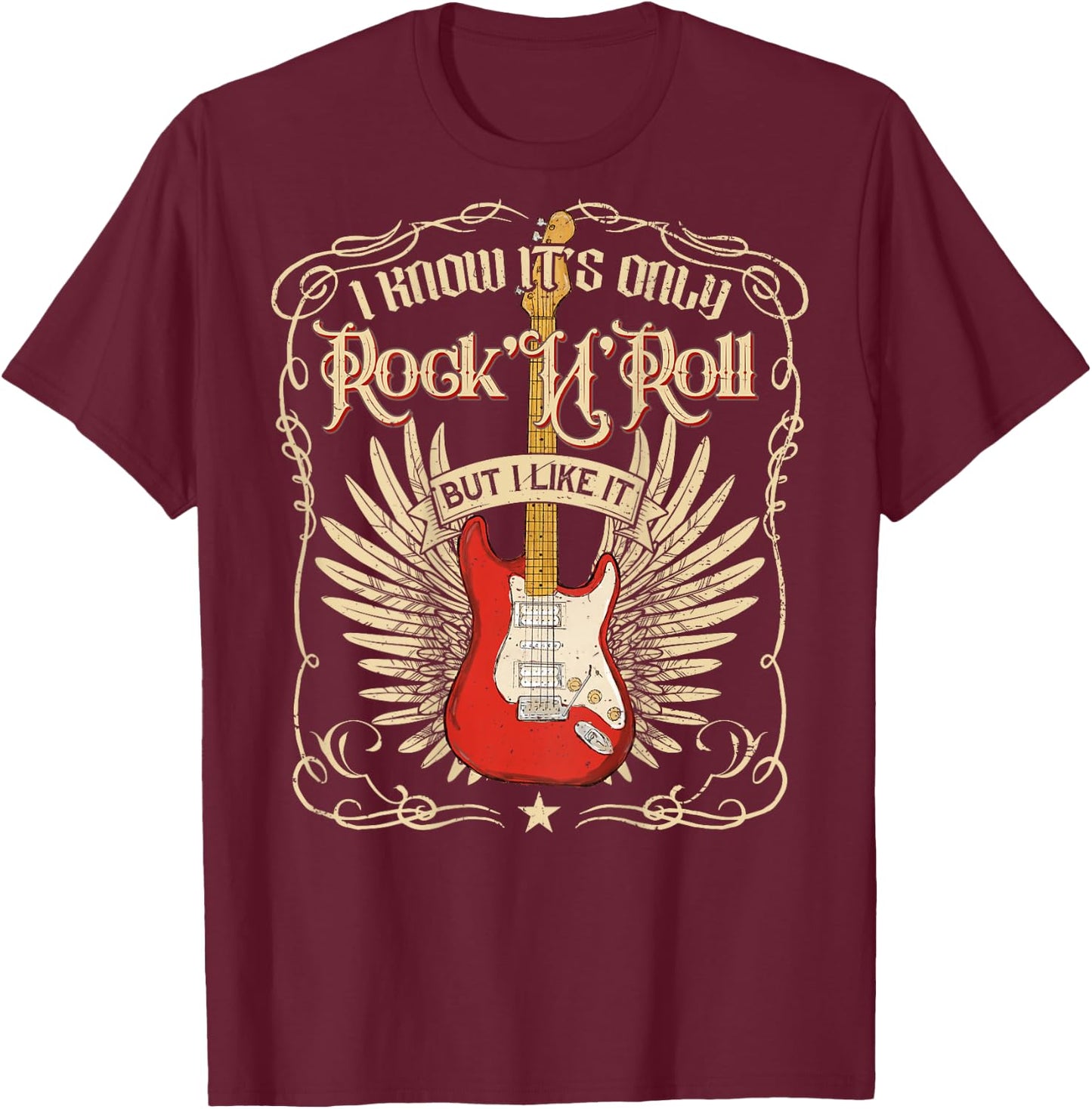I Know It's Only Rock'n'Roll But I Like It, Rock Music Back T-Shirt - T-Shirt | Maroon