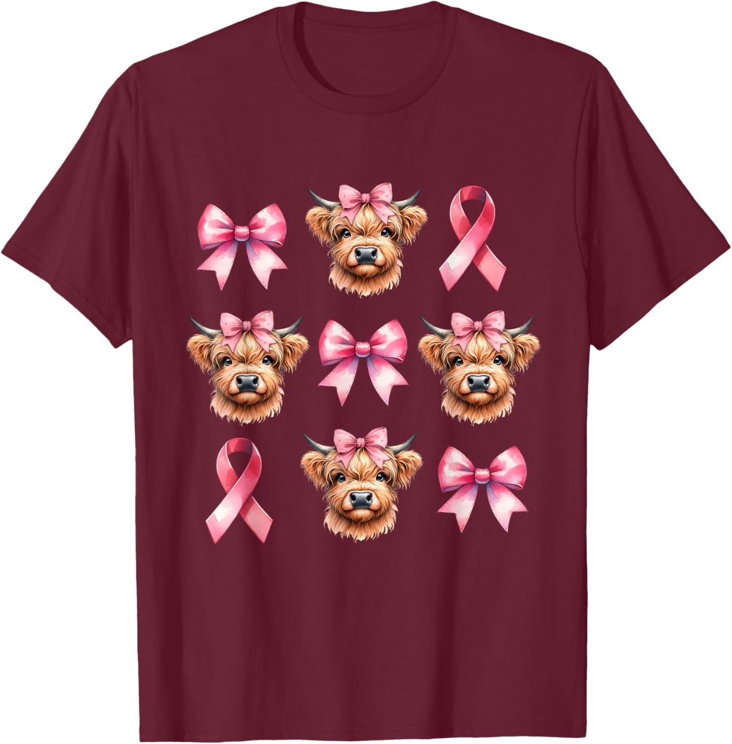 Coquette Bow Pink Ribbon Highland Cow Pink Breast Cancer T-Shirt - T-Shirt | Maroon