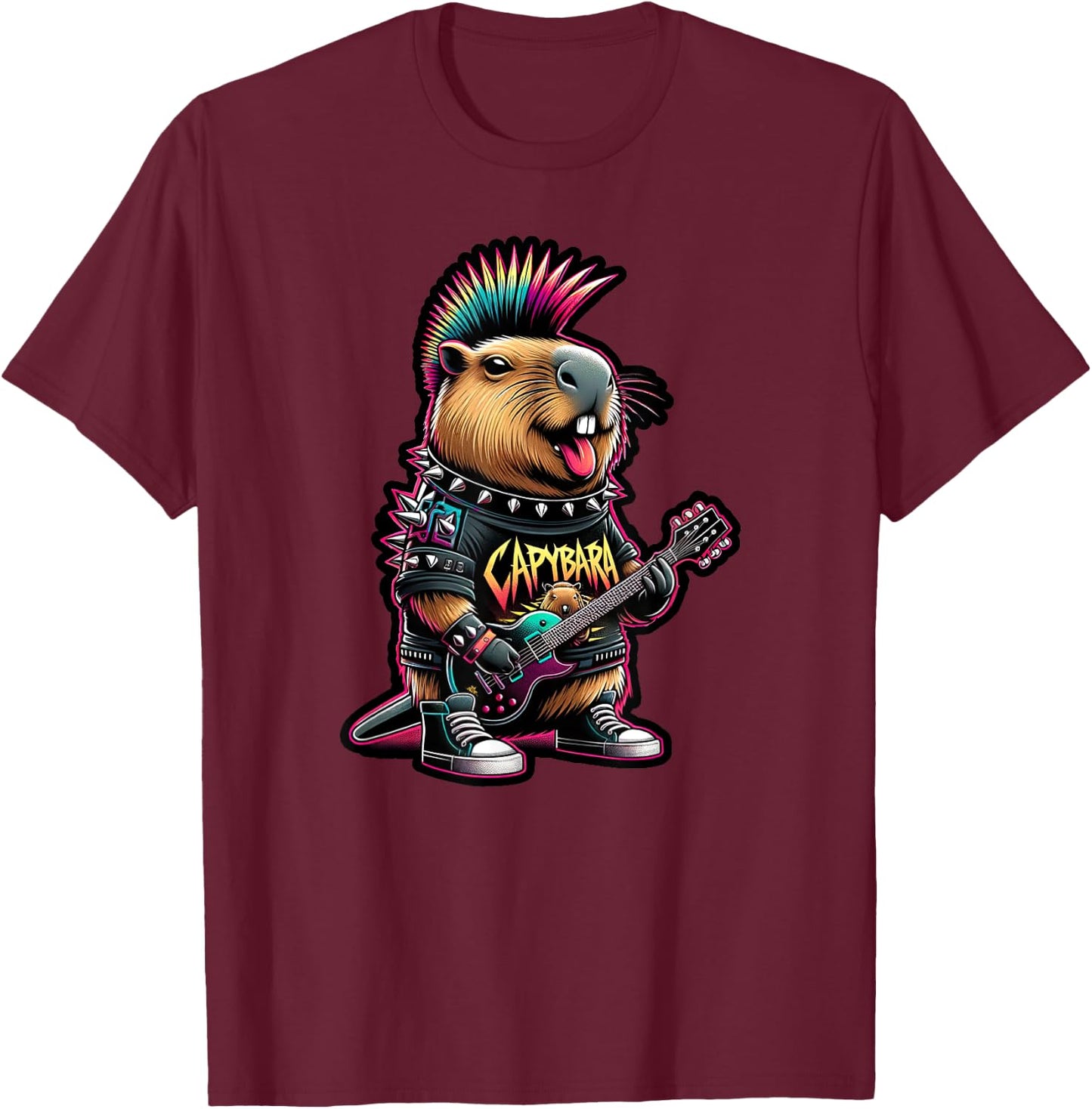 Capybara Rockstar Vibes - Funny Iconic Punk Rock Heavy Metal T-Shirt - T-Shirt | Maroon