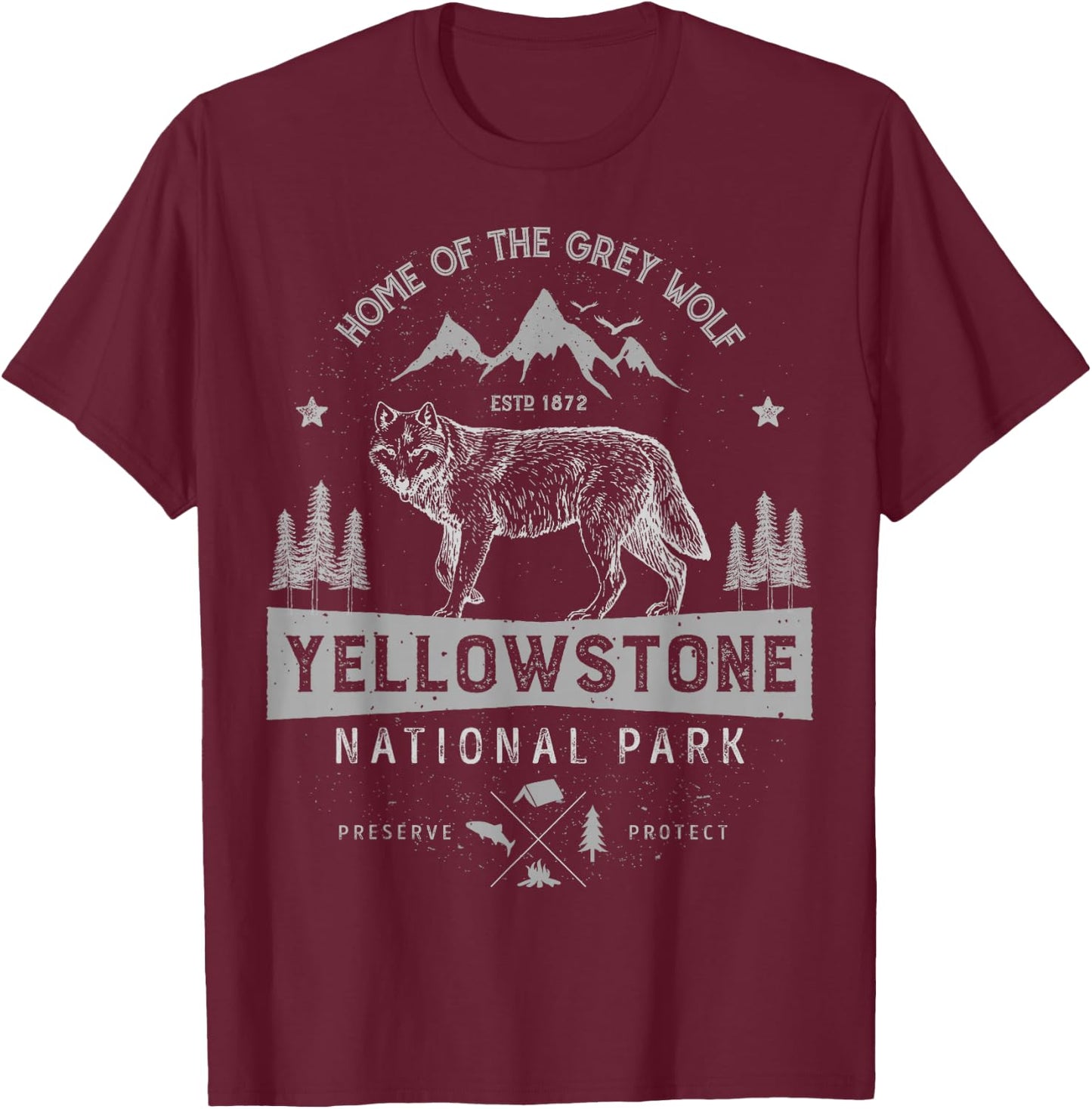 Yellowstone US National Park Wolf Lover Vintage Men Women T-Shirt - T-Shirt | Maroon