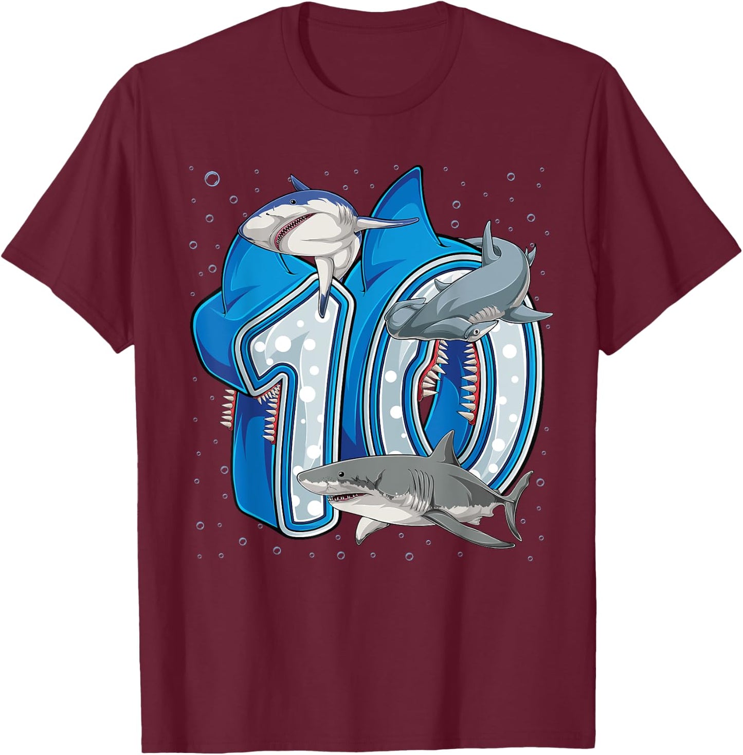 10th Birthday Boys Shark 10 years Old Ocean Shark B-day T-Shirt - T-Shirt | Maroon
