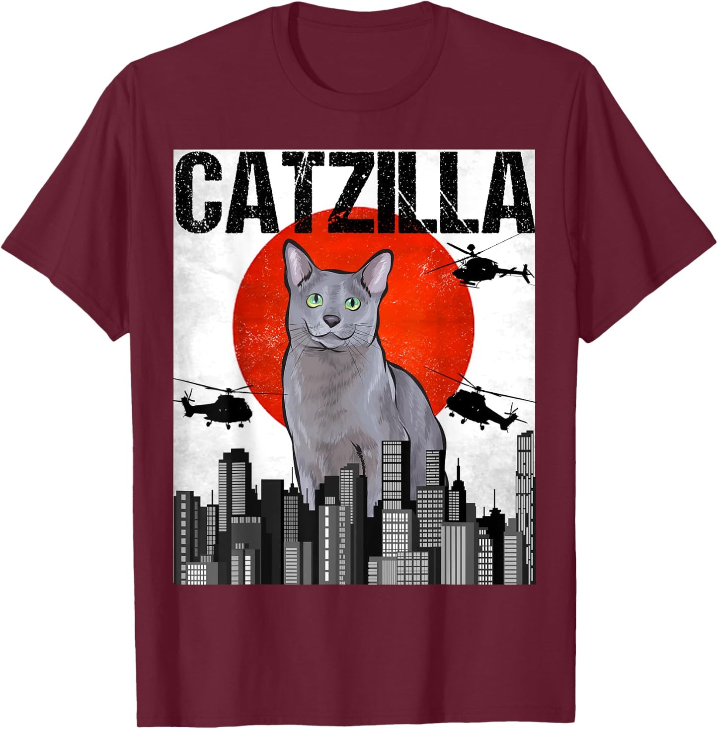 Funny Vintage Japanese Catzilla Russian Blue Cat Men Women T-Shirt - T-Shirt | Maroon
