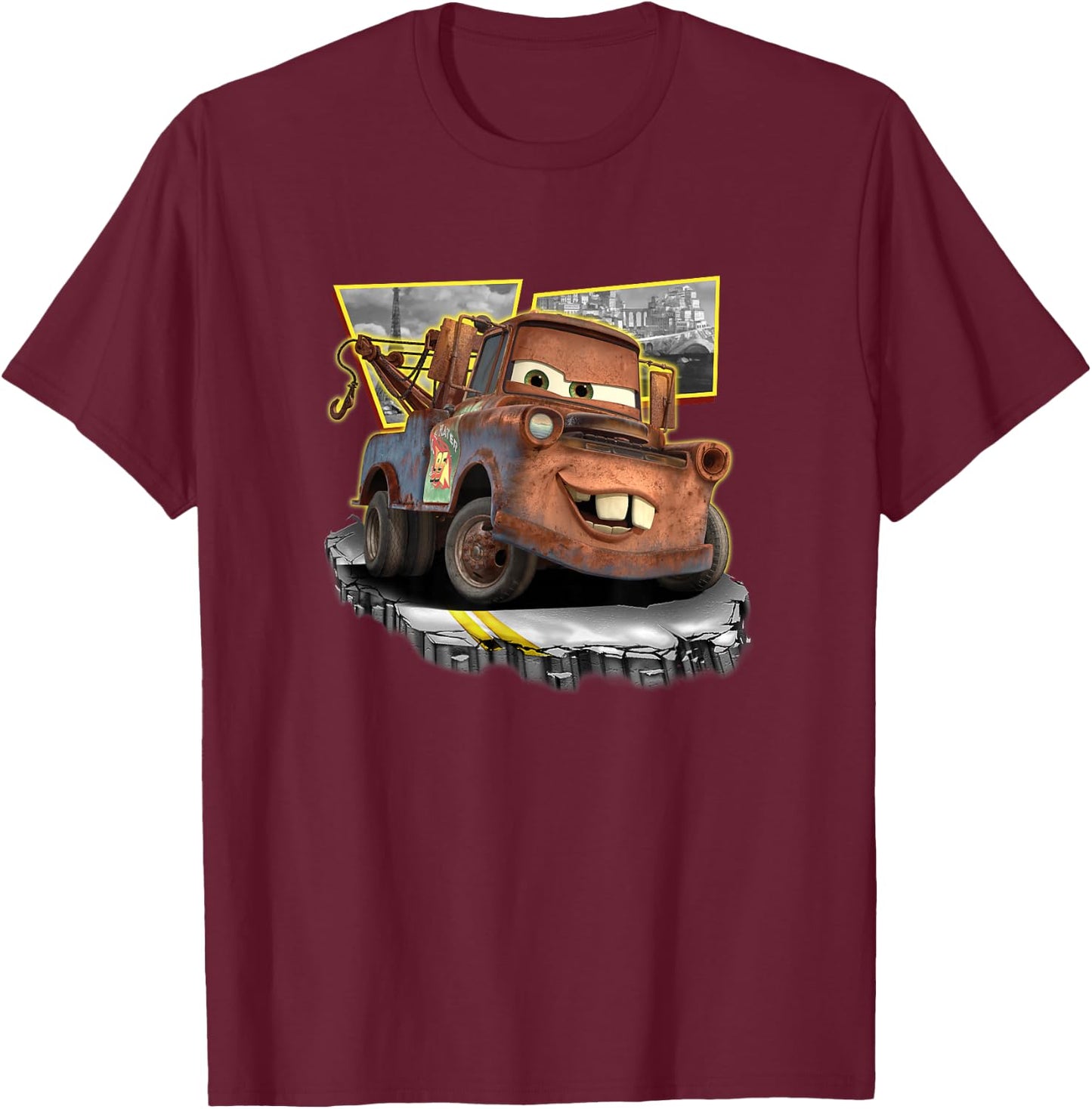 Disney Pixar Cars 2 Tow Mater Grand Prix Vintage Shots T-Shirt - T-Shirt | Maroon