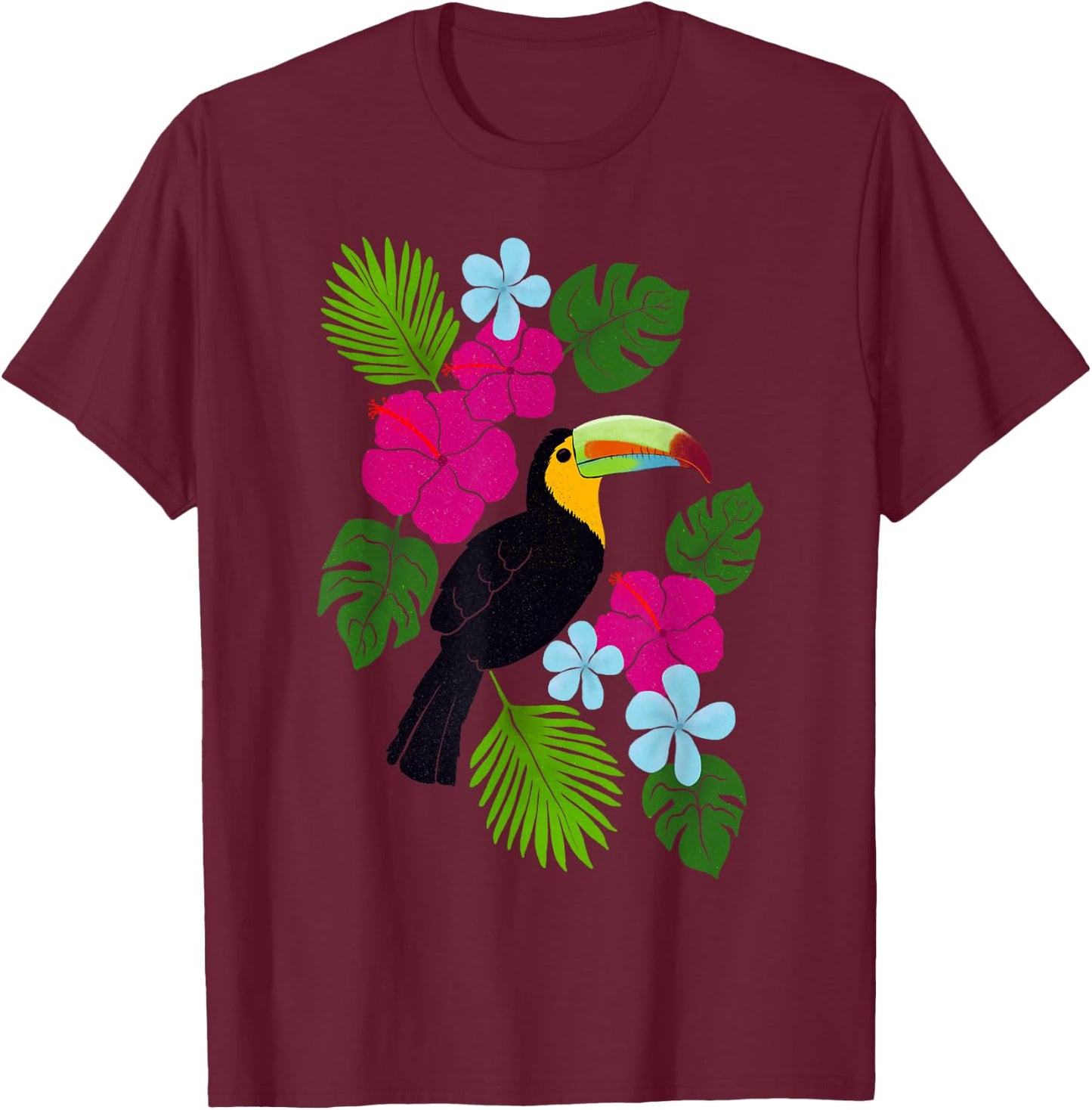 Tropical Toucan With Bright Florals and Leaves T-Shirt - T-Shirt | Maroon