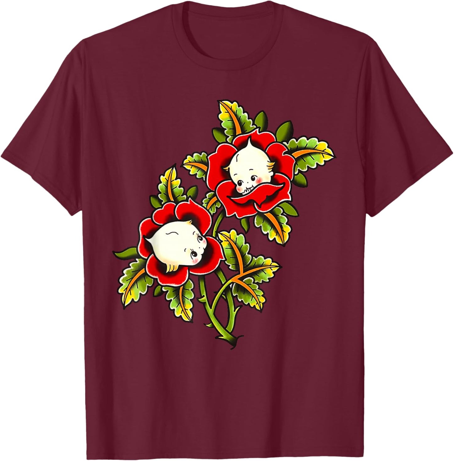 Kewpie Baby Roses Traditional Tattoo Flash T-Shirt - T-Shirt | Maroon