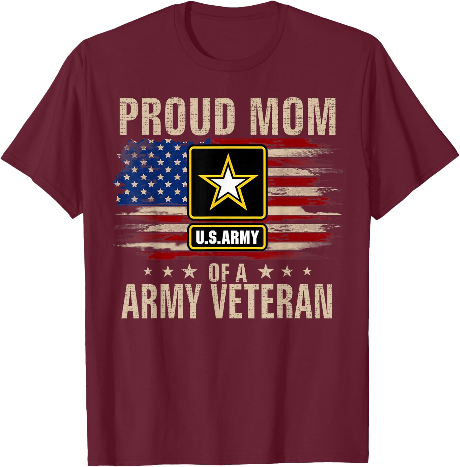 Vintage Proud Mom Of A Army Veteran With American Flag T-Shirt - T-Shirt | Maroon