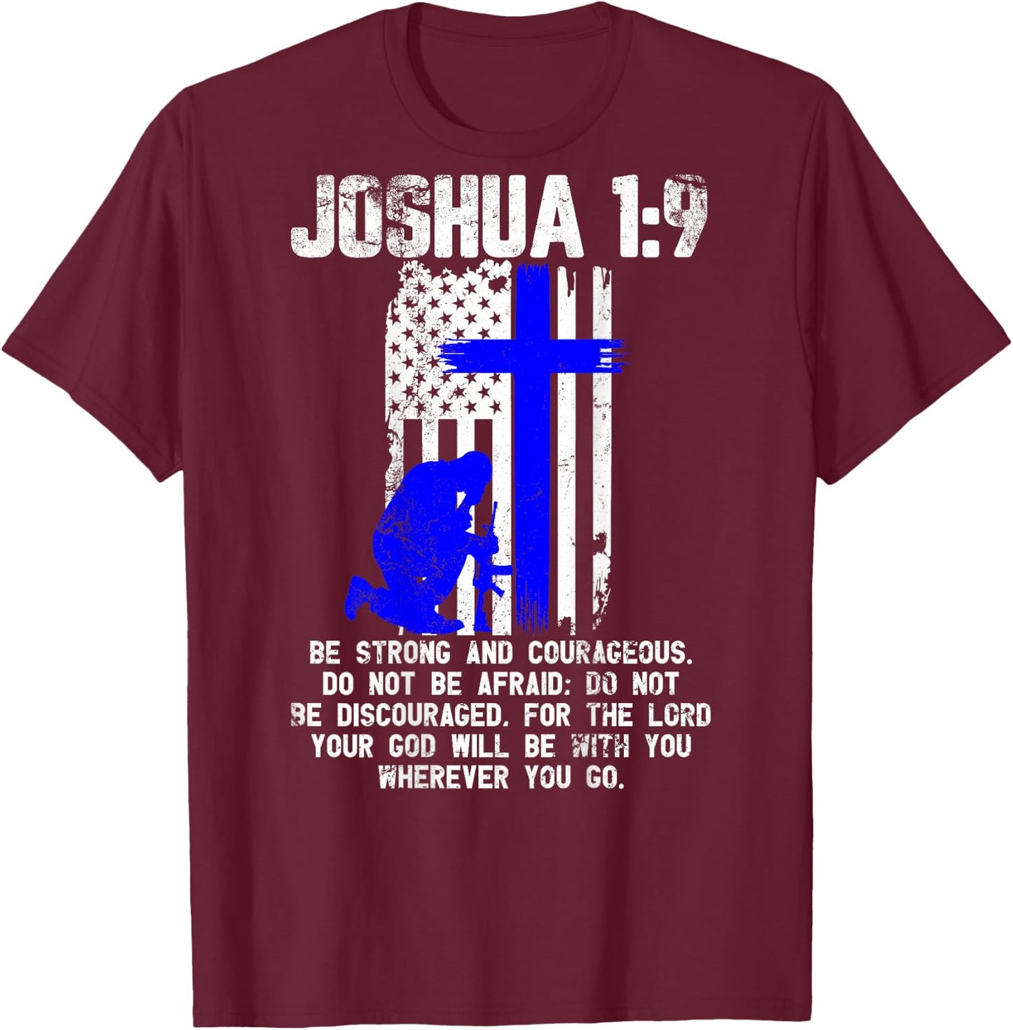 Thin Blue Line Police Cross Bible Verse Christian USA Flag Women Men T-Shirt - T-Shirt | Maroon