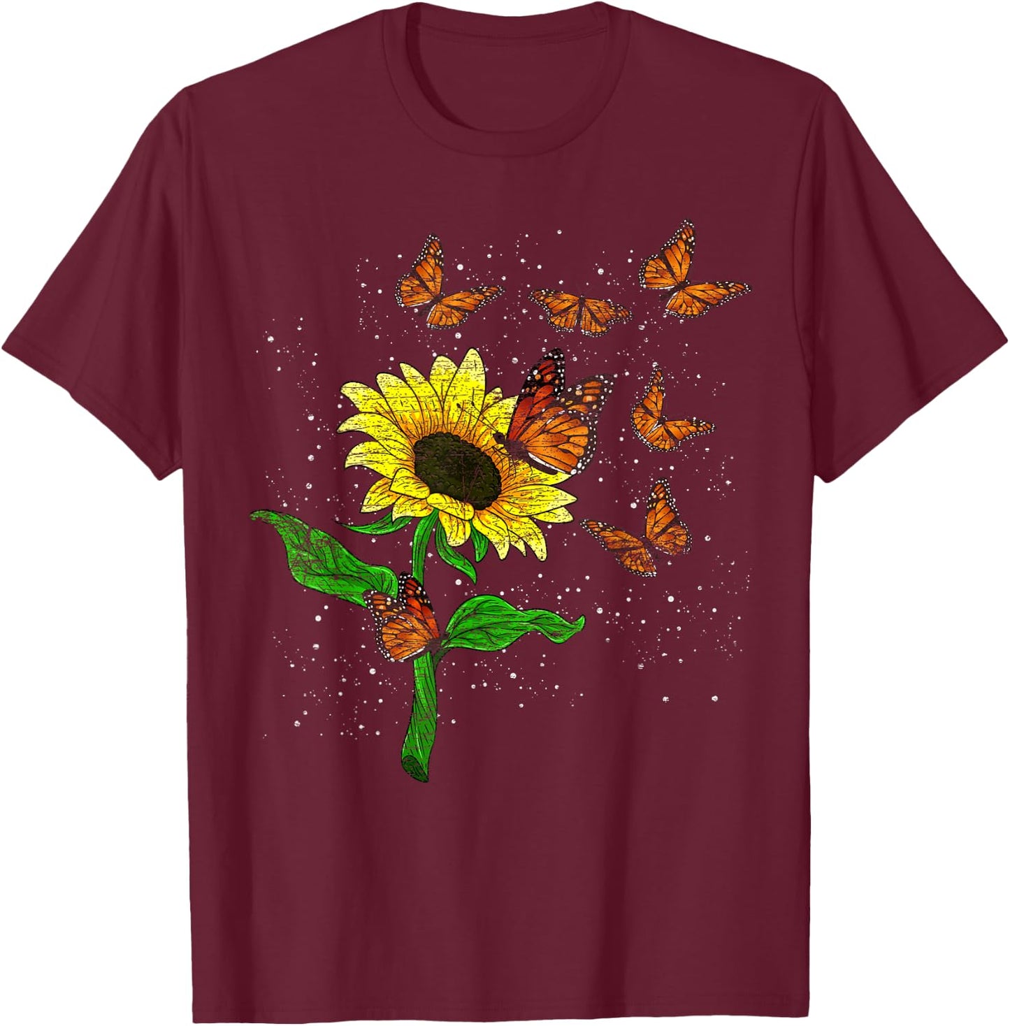 Flower Blossom Butterflies Nature Butterfly Sunflower T-Shirt - T-Shirt | Maroon