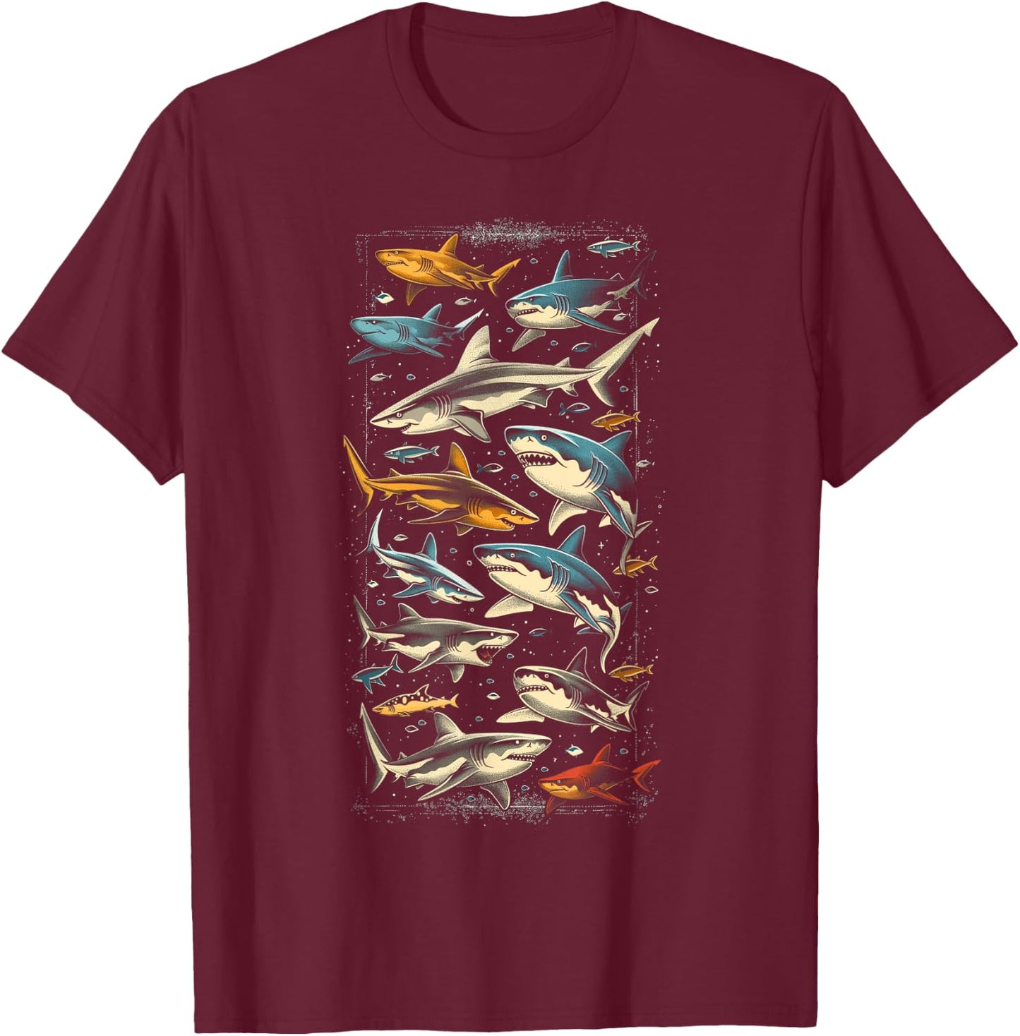 Vintage Shark Silhouette Hammerhead Shark Tiger Shark Heart , Small, Black T-Shirt - T-Shirt | Maroon