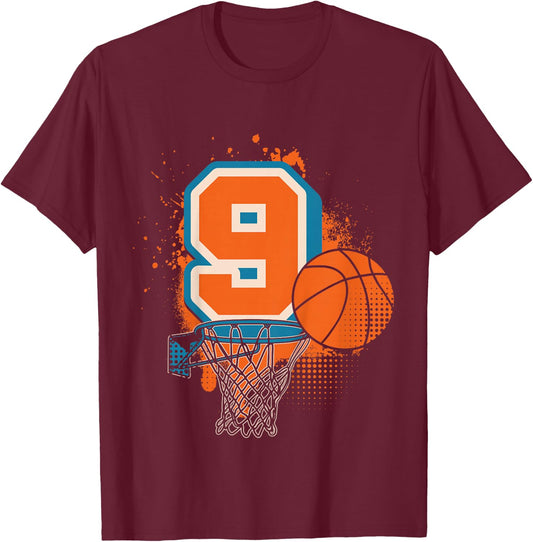 Kids 9th Birthday Boy Basketball Player Basketball 9 Years Old T-Shirt - T-Shirt | Maroon