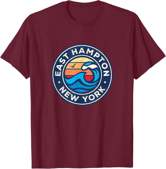 East Hampton New York NY Vintage Nautical Waves Design T-Shirt - T-Shirt | Maroon
