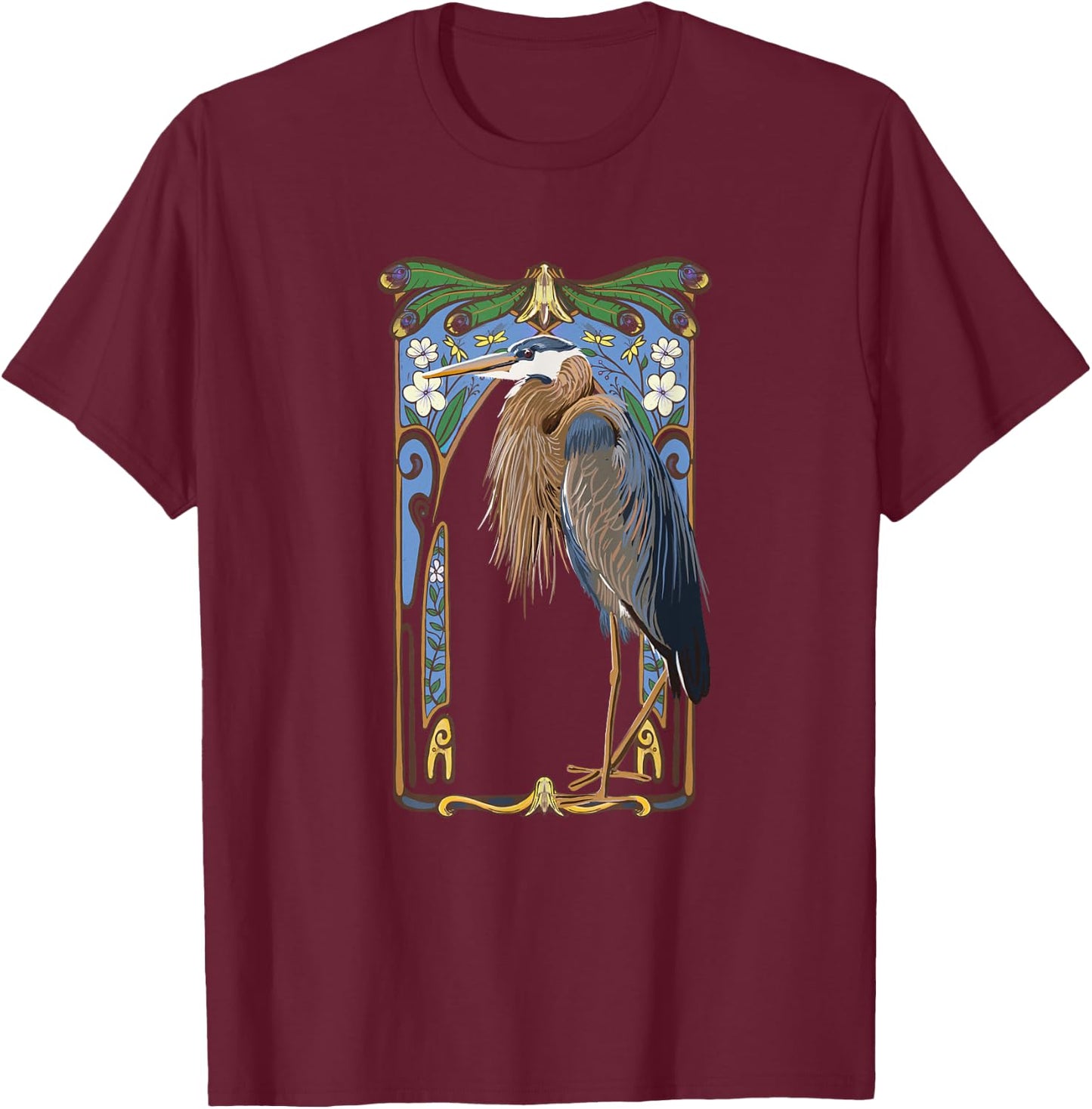 Wild Bird of Women Crane Art Nouveau Illustration T-Shirt - T-Shirt | Maroon