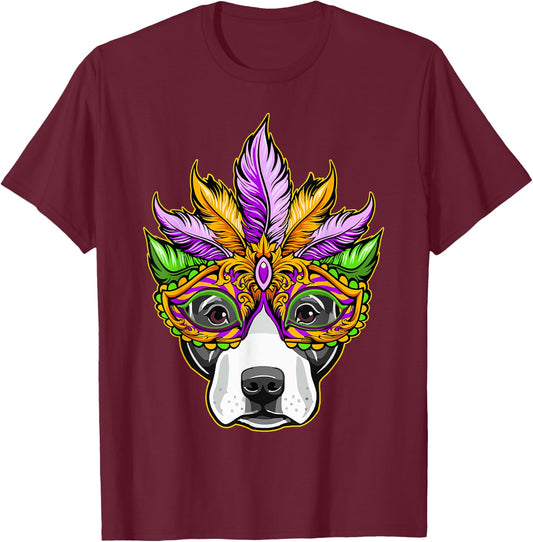 Mardi Gras Dog Mask Pitbull Funny Party Carnival Gift Women Kids T-Shirt - T-Shirt | Maroon