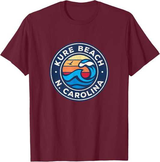 Kure Beach North Carolina NC Vintage Nautical Waves Design Men Women Girls Kids T-Shirt - T-Shirt | Maroon