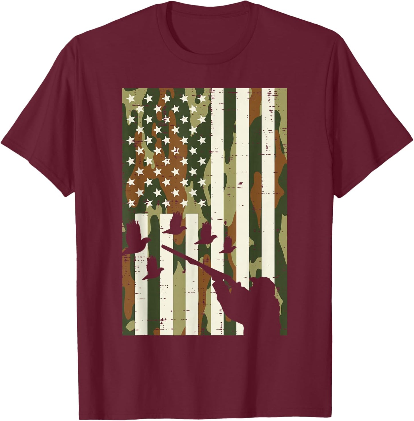 Camo US Flag Quail Pheasant Hunting Upland Hunt Patriotic T-Shirt - T-Shirt | Maroon