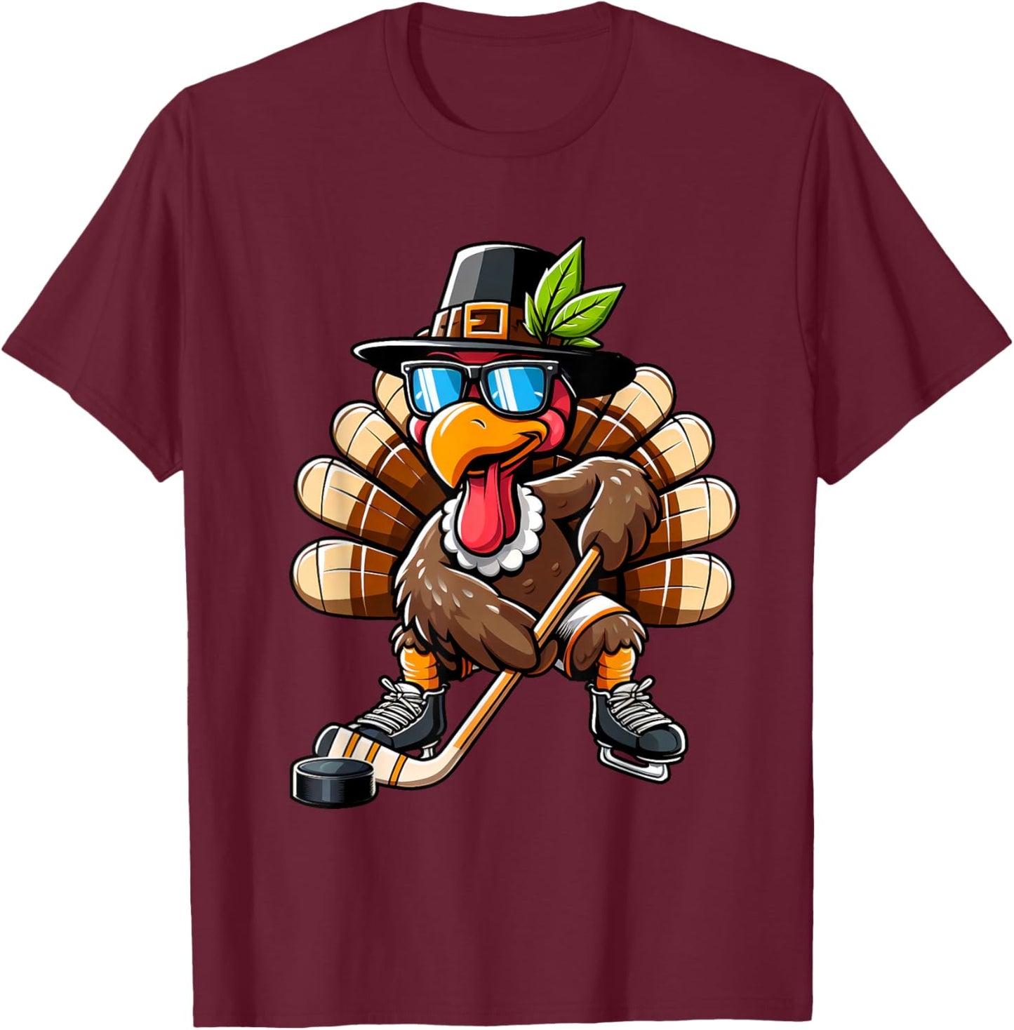 Turkey Hockey Thanksgiving Fall Turkey Playing Hockey Boys T-Shirt - T-Shirt | Maroon