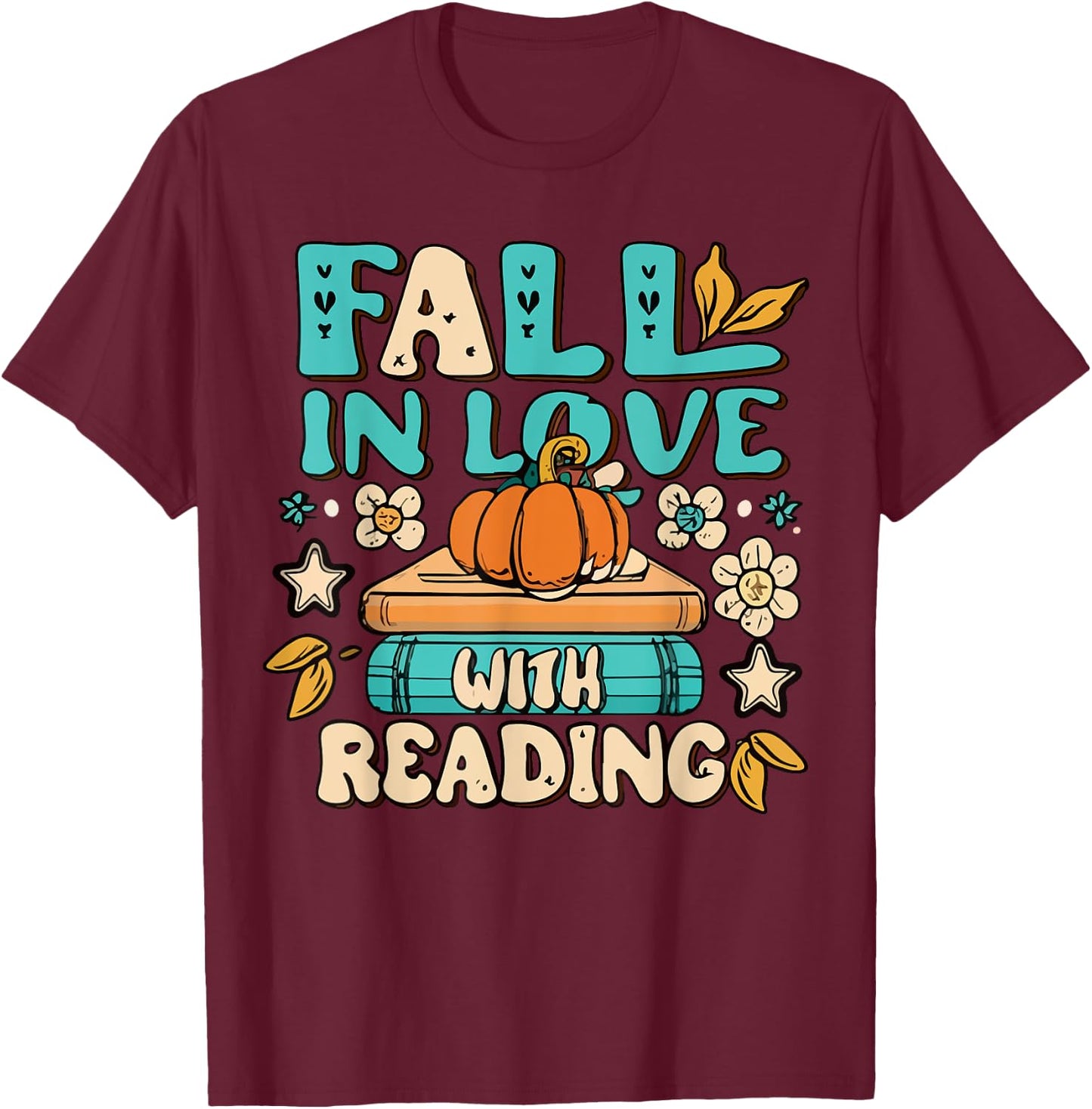 Fall In Love With Reading Book Autumn Pumpkins And Teachers Women Kids T-Shirt - T-Shirt | Maroon