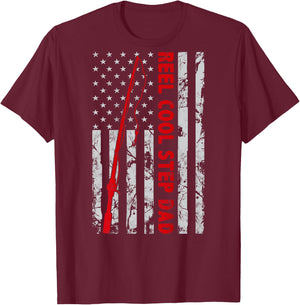Reel Cool Step Dad Fishing American Flag Gift Fisherman T-Shirt - T-Shirt | Maroon