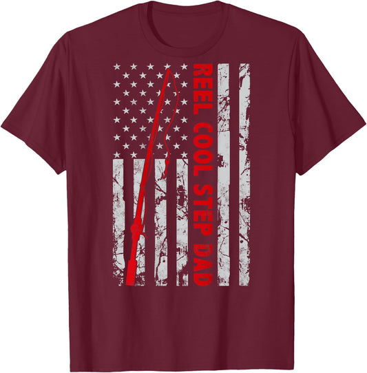 Reel Cool Step Dad Fishing American Flag Gift Fisherman T-Shirt - T-Shirt | Maroon