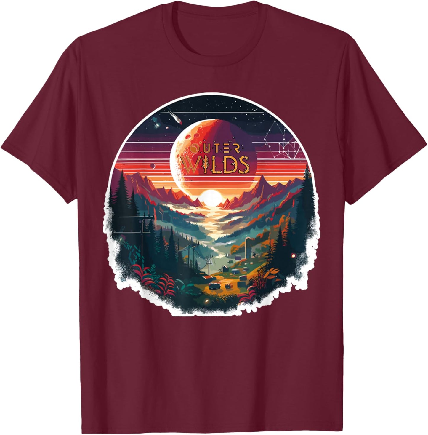 Outer Wilds Text Moon Mountain Forest Tree House Sun T-Shirt - T-Shirt | Maroon