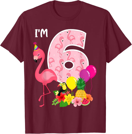 Flamingo Birthday I'm 6 Tropical Flamingo Theme 6th Birthday T-Shirt - T-Shirt | Maroon