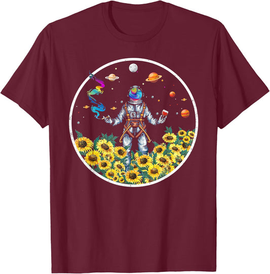 Cute Psychonaut Psychedelic Astronaut Space Sunflower Hippie T-Shirt - T-Shirt | Maroon