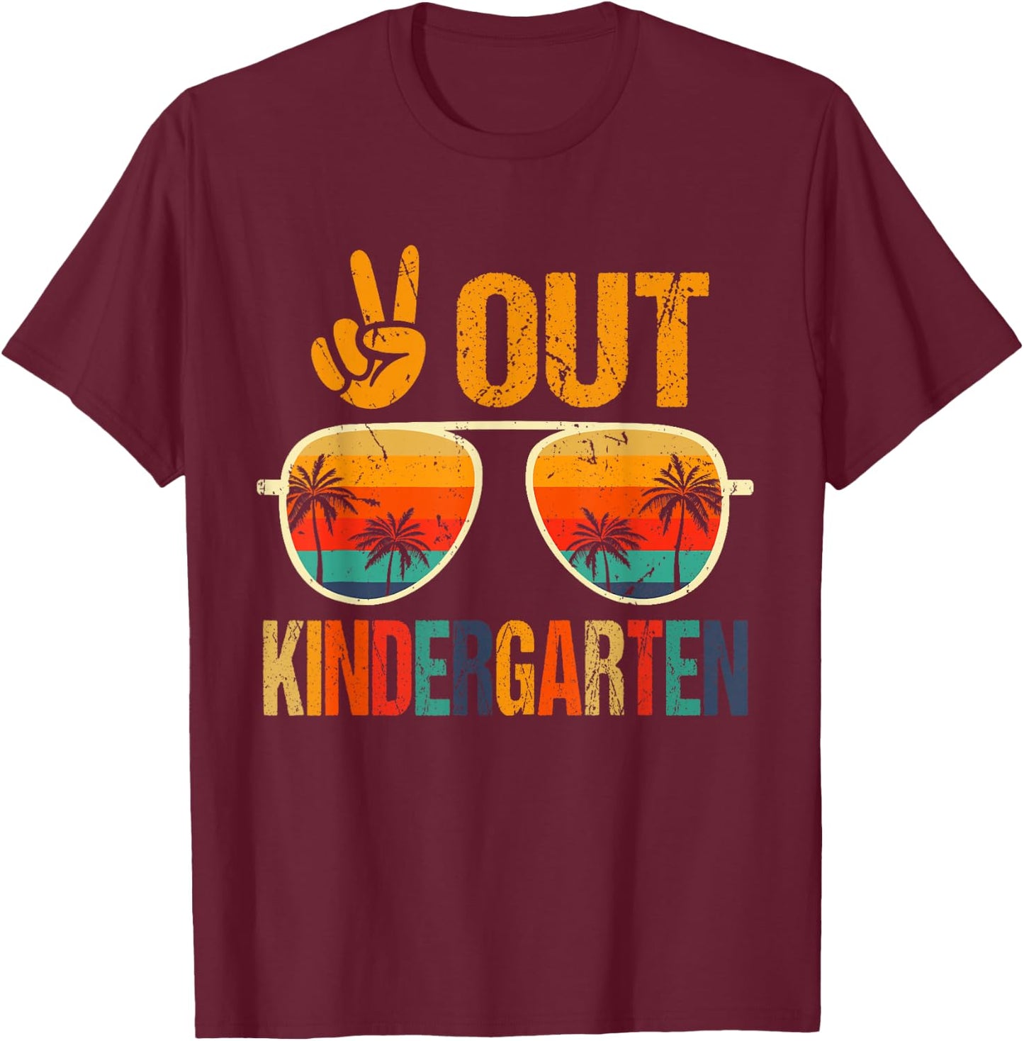 Peace Out Kindergarten Retro Groovy Happy Last Day Of School T-Shirt - T-Shirt | Maroon