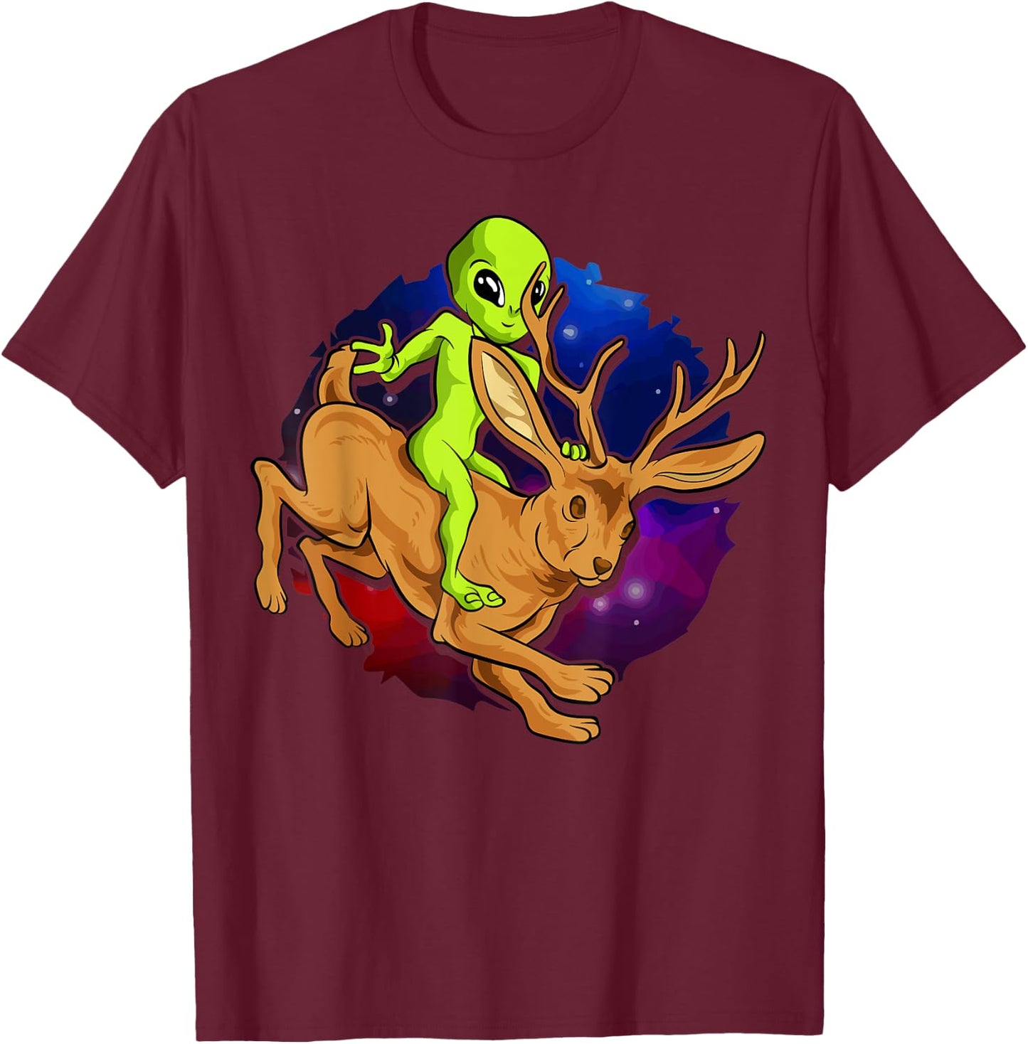 Alien Riding Jackalope Save Cryptid Hare Jackrabbit Camping T-Shirt - T-Shirt | Maroon