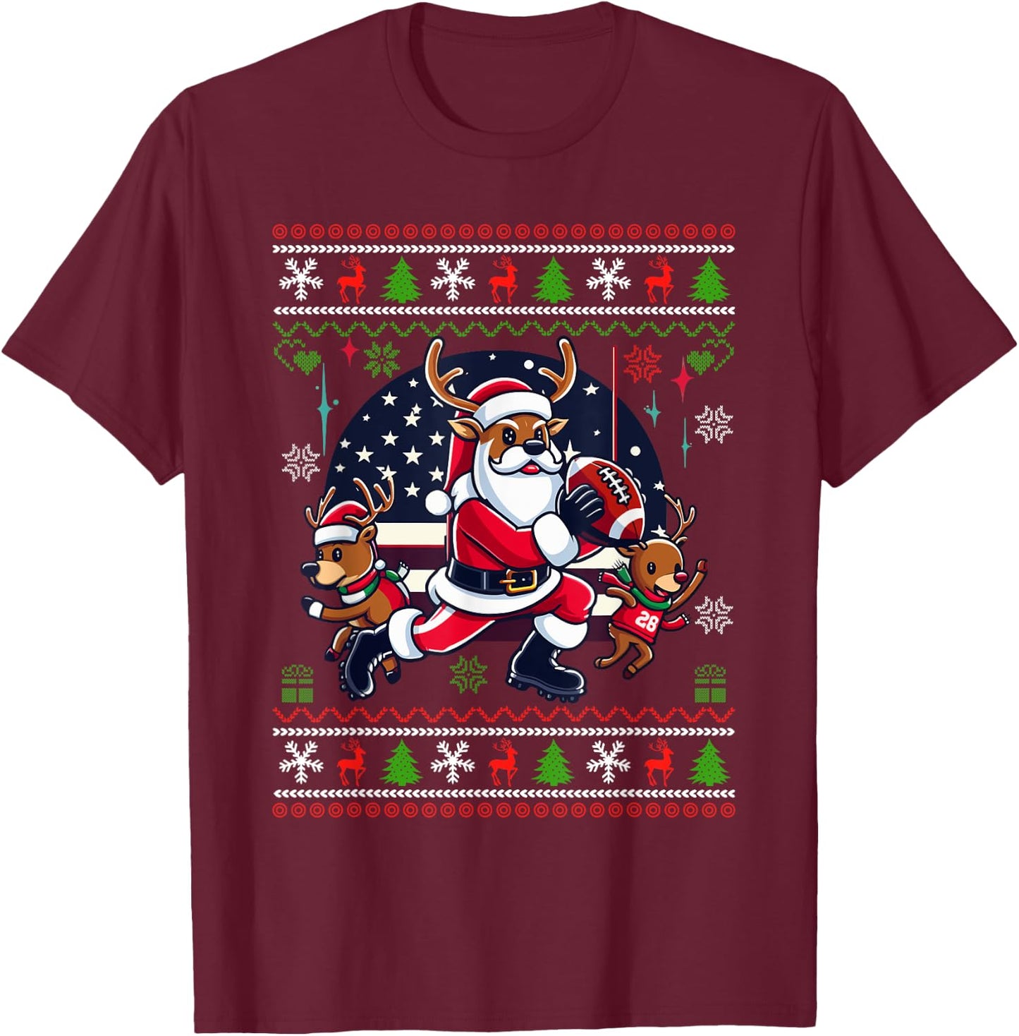 Santa Reindeer Play American Football Ugly Christmas Sweater T-Shirt - T-Shirt | Maroon