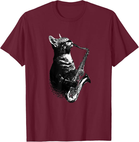 Cat Playing Saxophone Funny Cat Jazz Sax Music Saxophonist T-Shirt - T-Shirt | Maroon