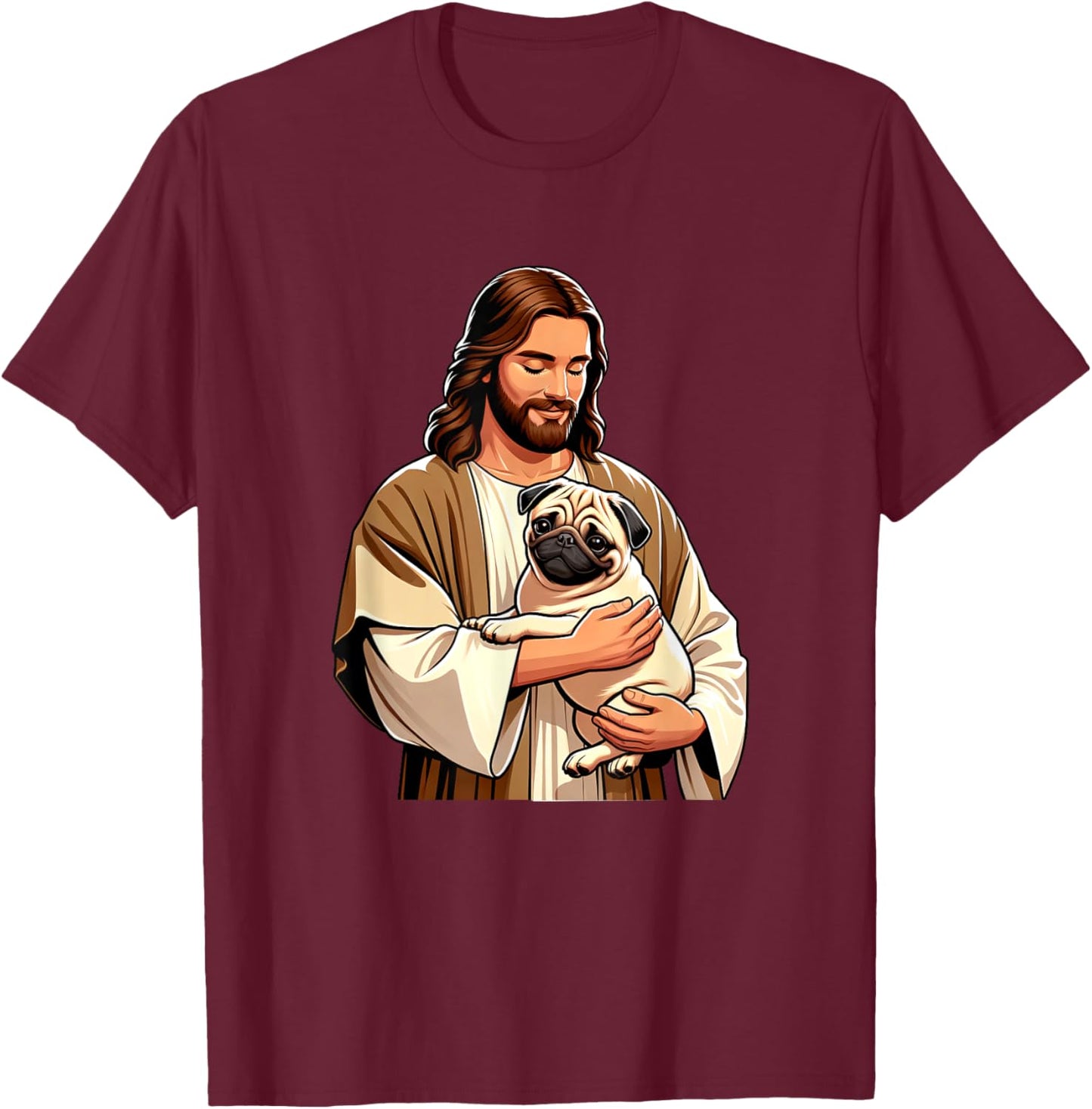 Pug Jesus byAxisone -Adults Kids Black Small Cartoon Christmas T-Shirt - T-Shirt | Maroon