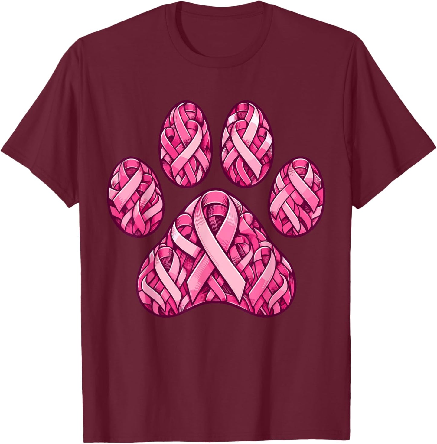 Pink Ribbon Dog Paw Print Breast Cancer Awareness Puppy Love Men Women Kids T-Shirt - T-Shirt | Maroon