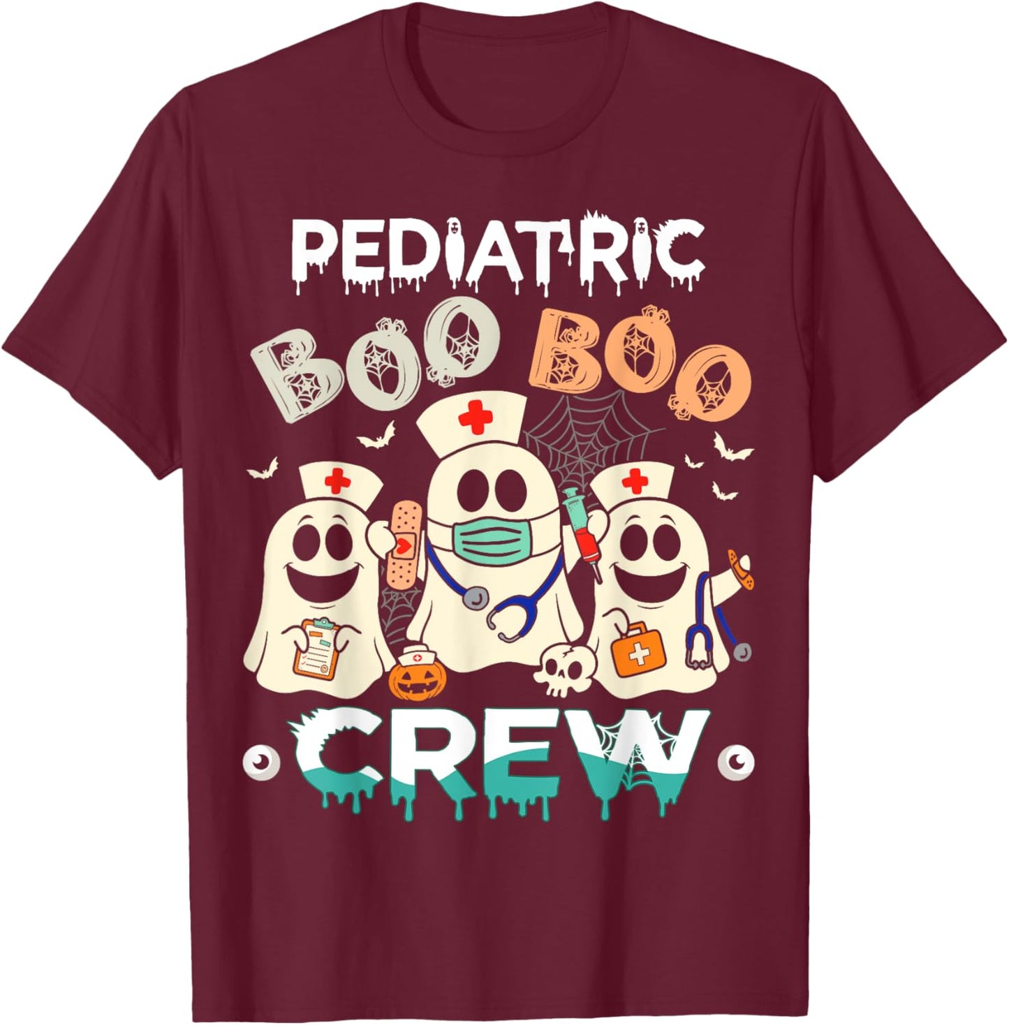 Halloween Nurse Peds Boo Crew Retro Pediatric Nurse Ghost T-Shirt - T-Shirt | Maroon