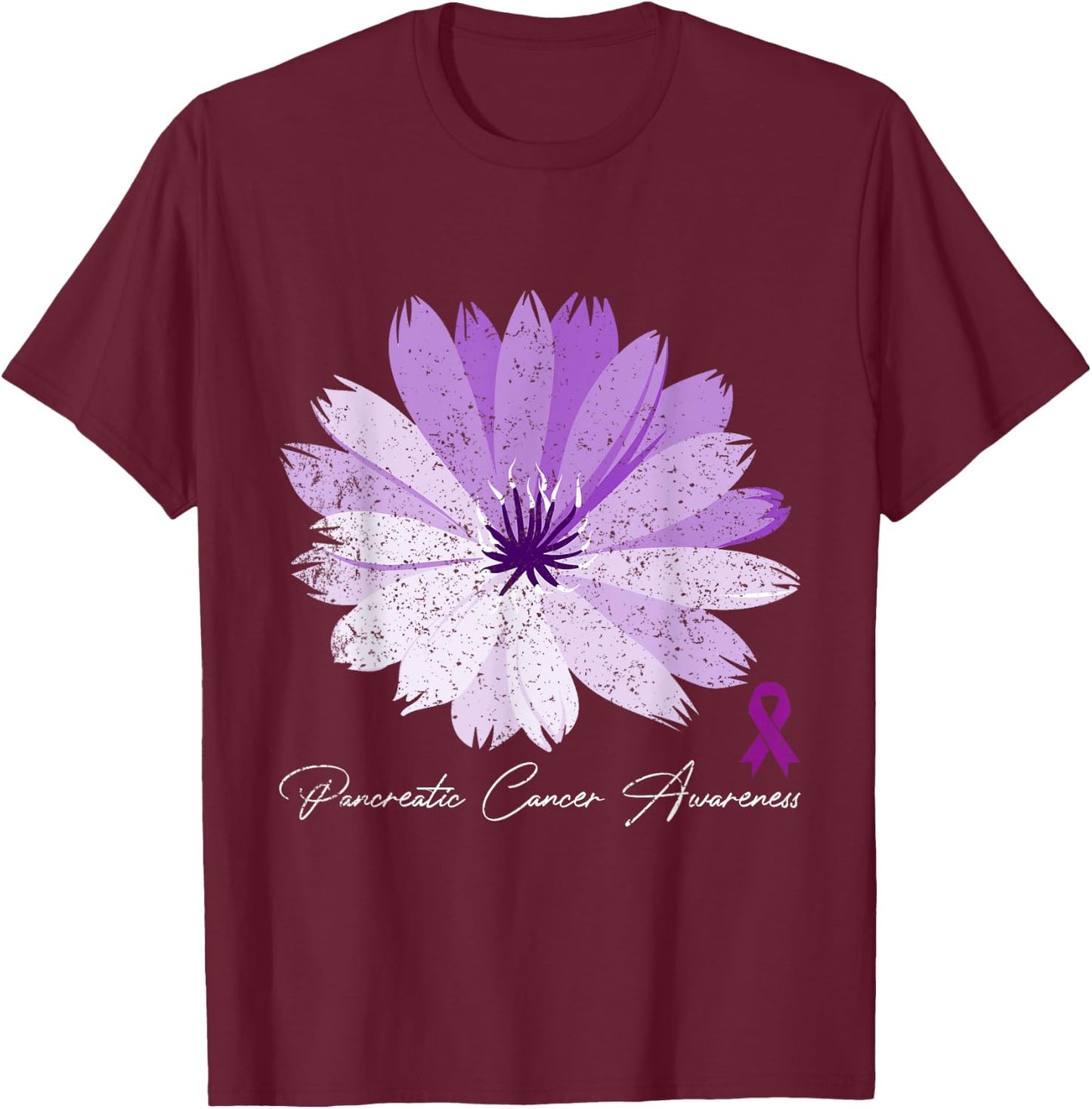 Flower Purple Ribbon Pancreatic Cancer Awareness T-Shirt - T-Shirt | Maroon