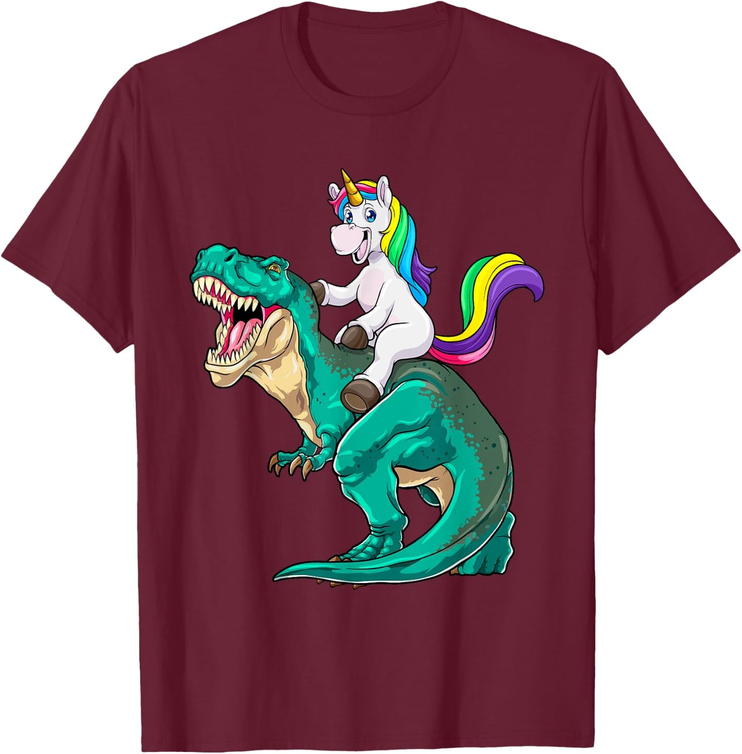 Unicorn Riding T rex Dinosaur Boys Girls Men Women Rainbow T-Shirt - T-Shirt | Maroon