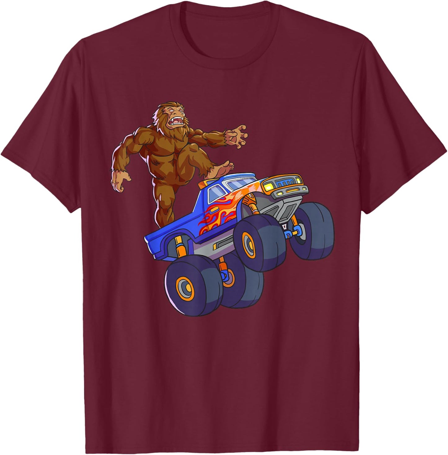 Bigfoot Riding Monster Truck Funny Sasquatch Monster Truck T-Shirt - T-Shirt | Maroon