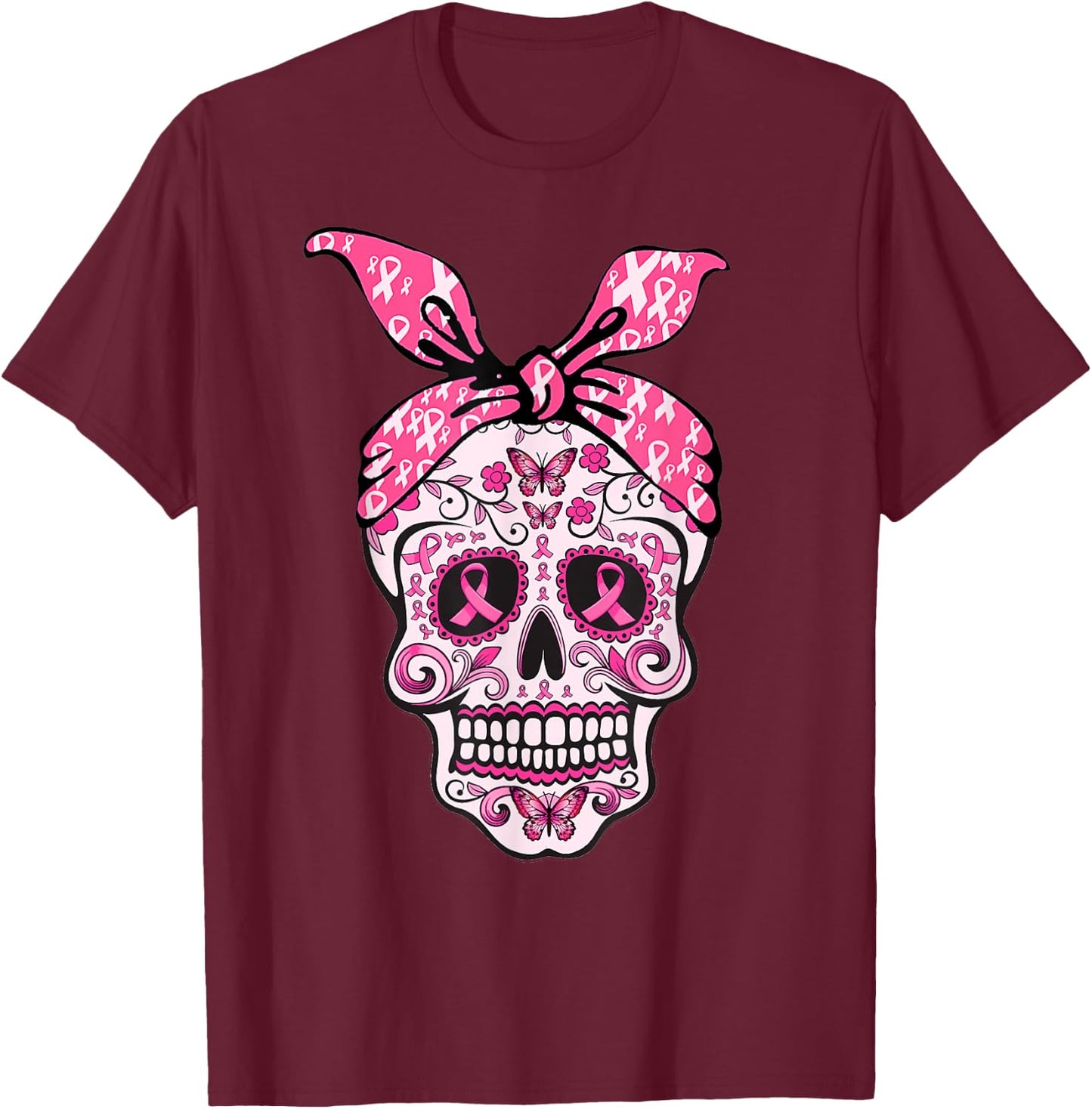 Sugar Skull Pink Ribbon Bandana Calavera Breast Cancer T-Shirt - T-Shirt | Maroon