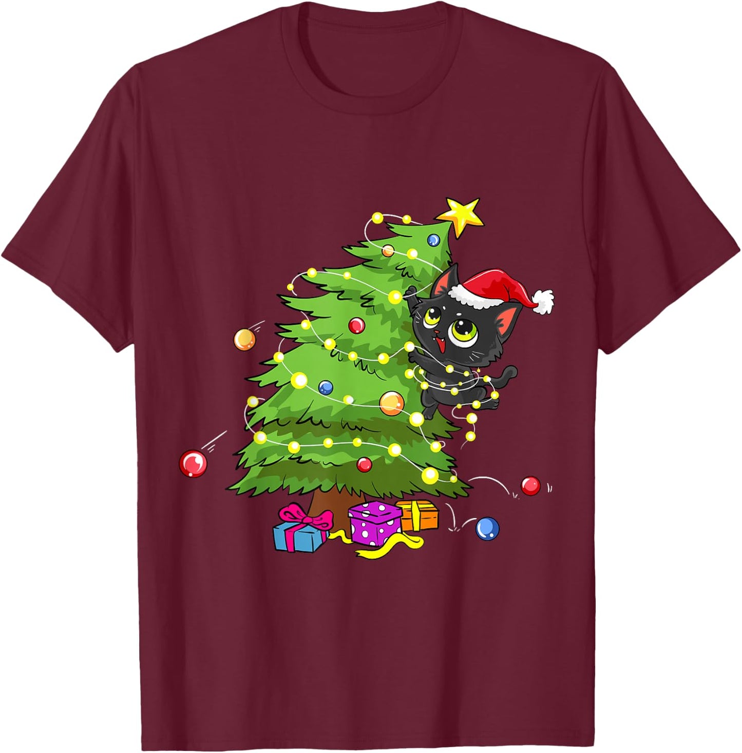 Santa Black Cat Tangled Up In Christmas Tree Lights Holiday T-Shirt - T-Shirt | Maroon