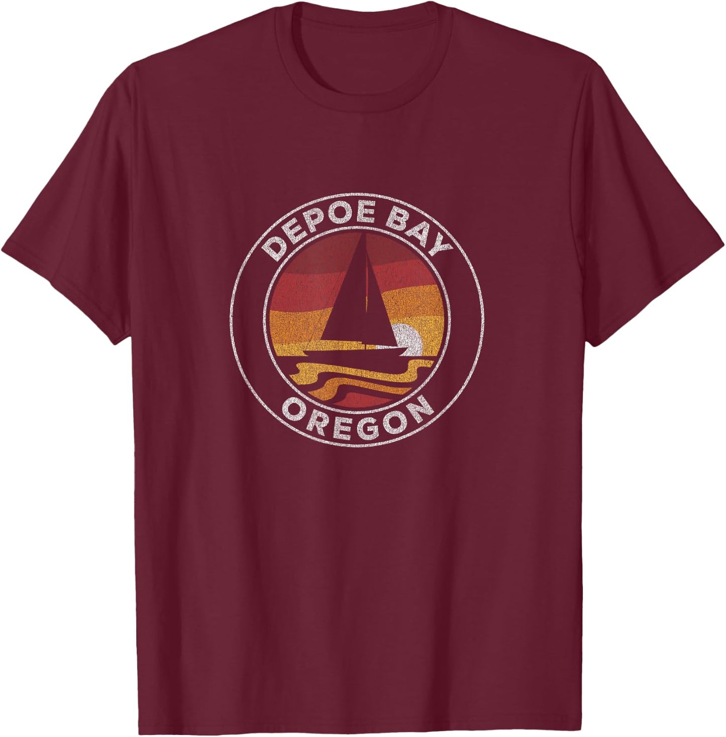 Depoe Bay Oregon Vintage Sailboat 70s Retro Sunset T-Shirt - T-Shirt | Maroon