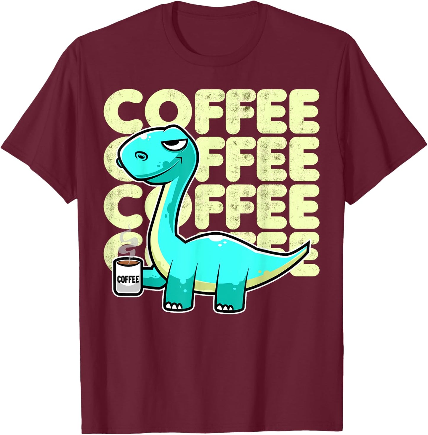 Cute Dinosaur Drinking Coffee Kawaii Neko Anime T-Shirt - T-Shirt | Maroon